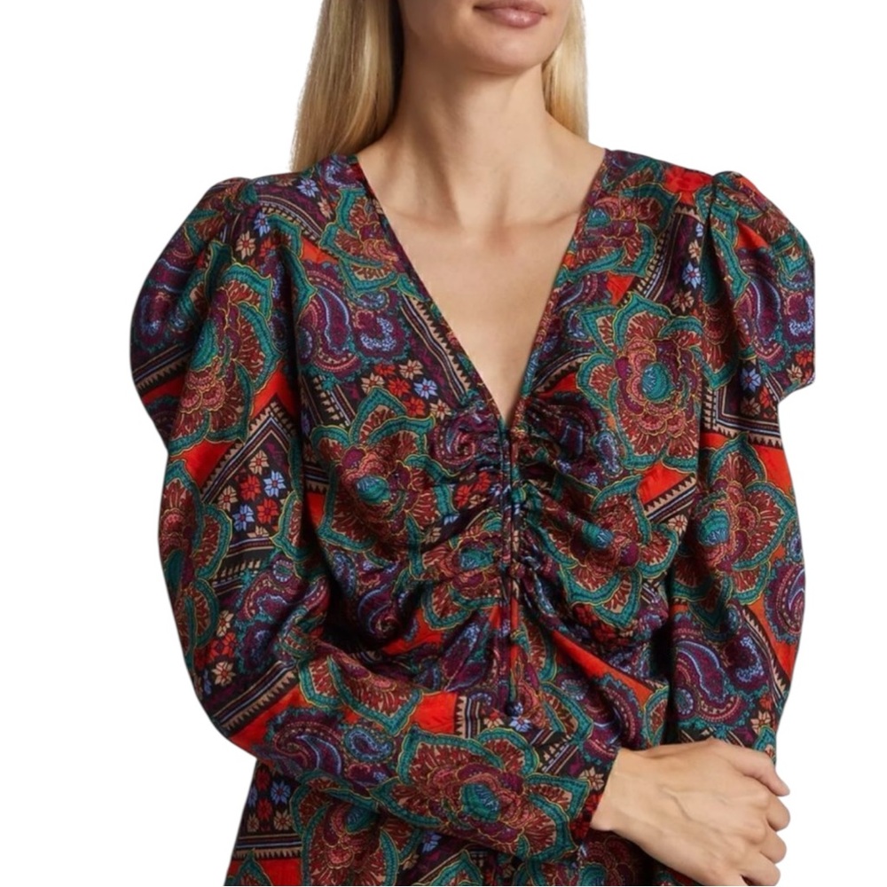 VERONICA BEARD Paisley Print w/ Puff Sleeve Plunge Neckline Blouse  Size 2 NWT